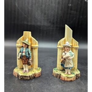 Pair Vintage Austrian‎ Majolica Boy Girl Bamboo Spill Vase 5.5" Hand Painted